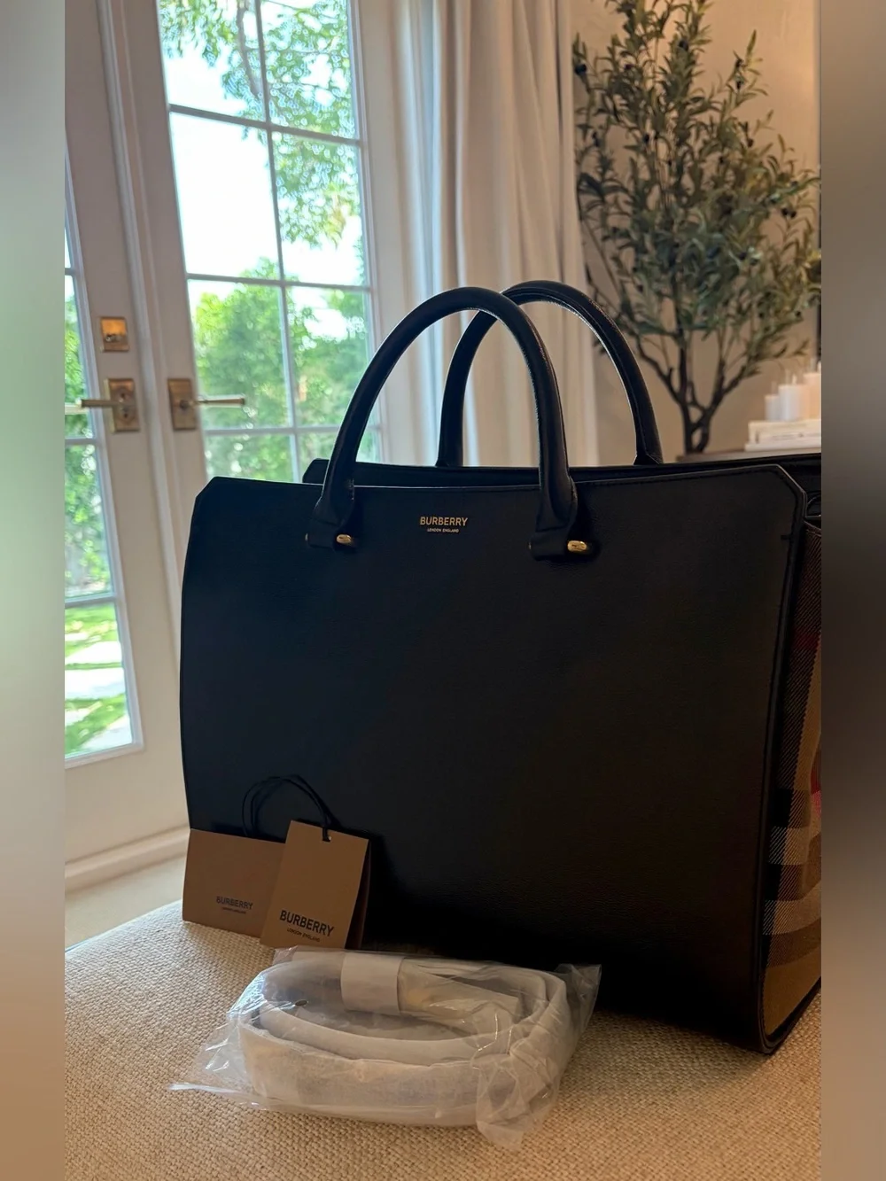 BURBERRY Calfskin Mega Check Medium Banwell Tote Black